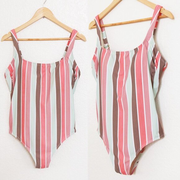 Kona Sol Scoop Neck Mint Mauve Vertical Striped Builtin Bra One Piece Swimsuit L - Picture 2 of 10